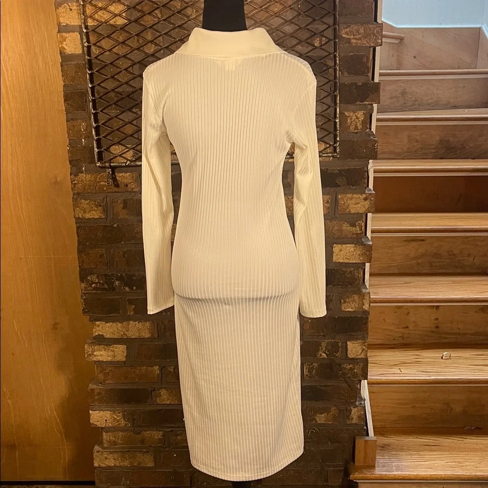 H&M Cream White Long Sleeve Ribbed Button-Up Fitted Dress S - Picture 4 of 5